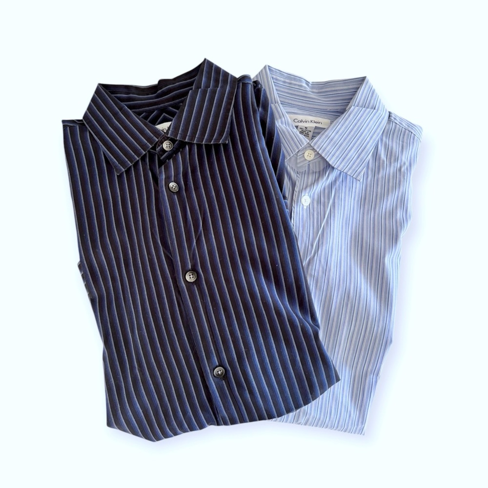 BUNDLE (2) Calvin Klein Navy Blue & Periwinkle Striped Button Down Shirts, sz. M